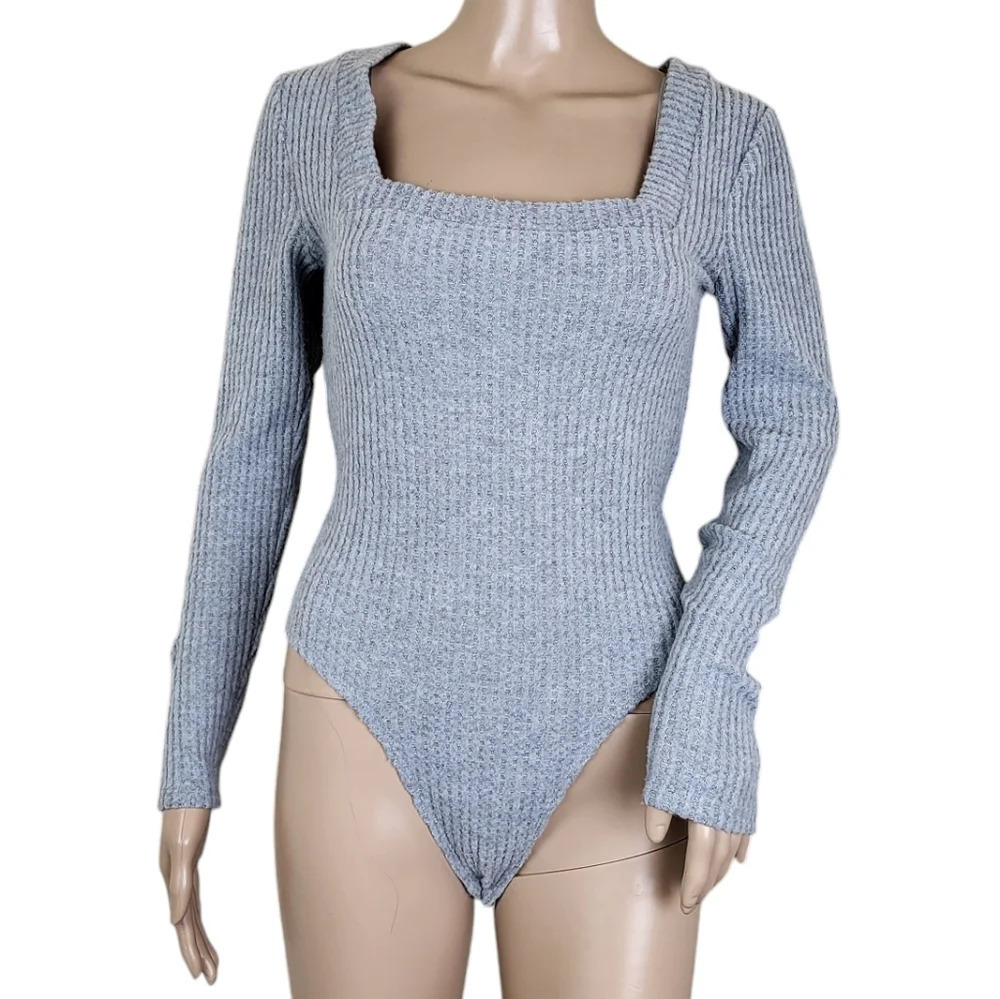 Steve Madden Grey Brushed Rib Long Sleeve Square Neck Bodysuit